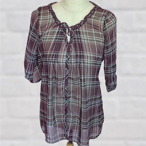 VANITY Medium Sheer Purple Keyhole Neck Tie Front Long Sleeve Button Up Blouse - Picture 1 of 5